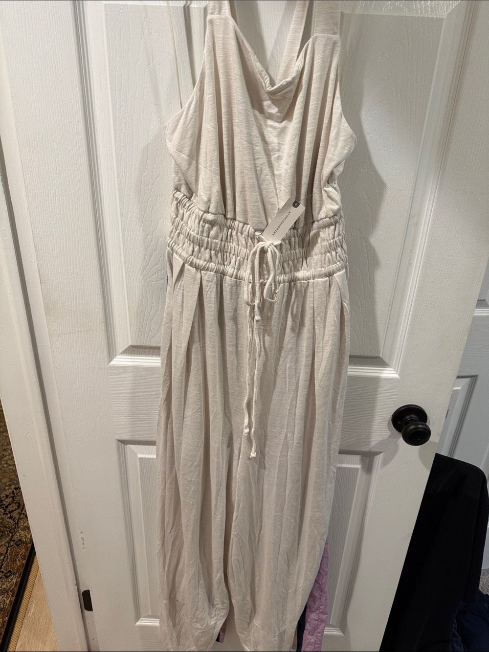 Anthropologie Cream Drawstring-Waist Wide-Leg Jumpsuit
